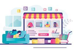 Illustration of a computer marketplace with a woman browsing on her sofa