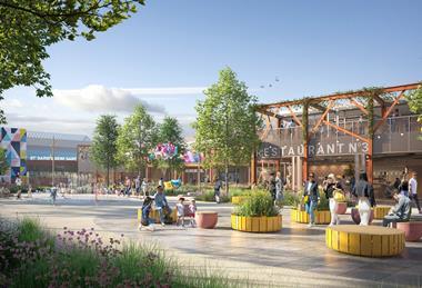 Artist impression of outdoor space development at St David's shopping centre, Cardiff